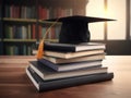 Mortarboard standing on book stack. Generative AI Royalty Free Stock Photo