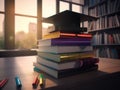 Mortarboard standing on book stack. Generative AI Royalty Free Stock Photo