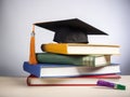 Mortarboard standing on book stack. Generative AI Royalty Free Stock Photo