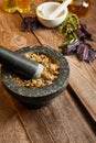 With pestles with herbal mix near Royalty Free Stock Photo