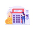 Mortgage Calculator Vector Illustration. Woman Counting Mortgage Percents for Low Rates. Interest Rates Dropping. Client Decrease Royalty Free Stock Photo
