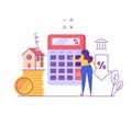 Mortgage Calculator Vector Illustration. Woman Counting Mortgage Percents for Low Rates. Interest Rates Dropping. Client Decrease Royalty Free Stock Photo
