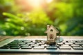 Mortgage concept with a house model on a laptop keyboard against a green nature background. Real estate, finance, and eco-