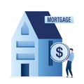 Mortgage concept. Male character puts dollar coin in house or bank building. Monthly loan payment. Credit slavery, bank debt