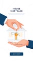 Mortgage concept. Male hands giving keys for property buying. Deal sale, mortgage loan, real estate, dealing house