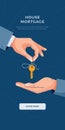 Mortgage concept. Male hands giving keys for property buying. Deal sale, mortgage loan, real estate, dealing house