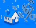 Mortgage credit concept with house and percent symbol 3D illustration.