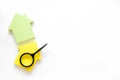 Mortgage credit concept with house toy and magnifier on white background top view copy space Royalty Free Stock Photo