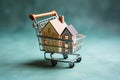 Mortgage dream concept Miniature toy house, shopping basket on blue