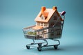 Mortgage dream concept Miniature toy house, shopping basket on blue