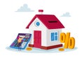 Mortgage and Home Buying Concept. Tiny Female Character with Huge Calculator and Percent Symbol at House with Gold Coins