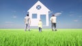 Mortgage house Business persons happy family green landscape 3d