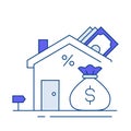 Mortgage Icon. Mortgage Solutions, Home Financing. The mortgage icon with a house and a money bag signifies mortgage solutions and