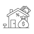 Mortgage Icon. Mortgage Solutions, Home Financing. The mortgage icon with a house and a money bag signifies mortgage solutions and