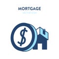 Mortgage icon. Vector illustration of a house building and a big dollar coin. Represents a concept of loan, credit, financial