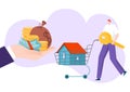 Mortgage investment in real estate, house in cart, buy home property vector illustration. Person woner character with