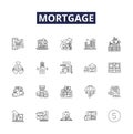 Mortgage line vector icons and signs. Debt, Repayment, House, Home, Lender, Banking, Refinancing, Interest outline