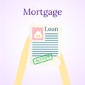 Mortgage loan icon. House buy. Real estate illustration. Home and hands. Vector image