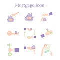 Mortgage loan icon. House buy. Real estate illustration. Home and key. People hands. Vector image