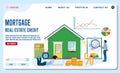 Mortgage loan landing page with character buying house, key and credit score. .Personal bank credit for buying home concept. Vecto Royalty Free Stock Photo