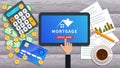 Mortgage loan online. Buy real estate, home mortgage. Flat tablet with house logo and hand clicking apply now button on desk Royalty Free Stock Photo