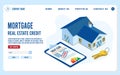 Mortgage loan regulation isometric landing page with house, key and credit score. .Personal bank credit for buying home concept. F