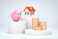 Mortgage loan symbol - pink piggy bank, new home and pile gold coins