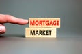 Mortgage market symbol. Concept words Mortgage market on beautiful wooden blocks. Beautiful grey table grey background.