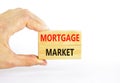 Mortgage market symbol. Concept words Mortgage market on beautiful wooden blocks. Beautiful white table white background.