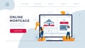 Mortgage online homepage web template. Couple buy a new home, touching the button on screen. Dealing house, property Royalty Free Stock Photo