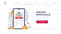 Mortgage online web page template for concept of new home buying online. House, bank building, loan contract, house keys