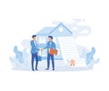 Mortgage process illustration. Characters buying property with mortgage, receiving bank approval, signing contact and legal