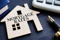 Mortgage rates written on a wooden model of house