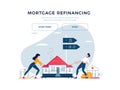 Mortgage refinance banner. Co-borrowers push and drag home to the bank for house pawning with getting cash out. Property