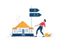 Mortgage refinancing concept. Man carries a home to the bank. Male character draggs a house for loan refunding with