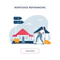 Mortgage refinancing concept. Man drags a home to the bank for house pawning with getting cash out. Property re-mortgage Royalty Free Stock Photo