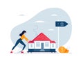 Mortgage refinancing concept. Woman carries a home to the bank. Female character draggs a house for loan refunding with