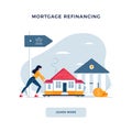 Mortgage refinancing concept. Woman drags a home to the bank for house pawning with getting cash out. Property re Royalty Free Stock Photo