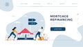 Mortgage refinancing homepage template. Co-borrowers push, drag a home to the bank for house pawning with getting cash