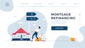 Mortgage refinancing homepage template. Man drags a home to the bank for house pawning with getting cash out. Re