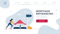 Mortgage refinancing homepage template. Woman drags a home to the bank for house pawning with getting cash out. Re