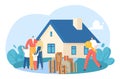 Mortgage rent for property concept, vector illustration, flat owner character give home key to family, parent children