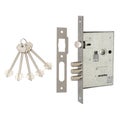 Mortise lock of metal color with cylindrical regiments for a lever key with a strike plate and a set of keys Royalty Free Stock Photo