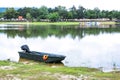 Motorboat and orange life jacket beside lake with rafts, pedal boat background at Chiangmai.Thailand Royalty Free Stock Photo