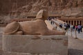 Mortuary Temple of hatshepsut in Luxor, Egypt , external daylight view with Sphinx of Hatshepsut at the entrance.