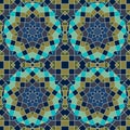 Mosaic Arabic seamless pattern with elements of sacred geometry in vector. Ceramic tile in green and dark blue tones