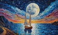 Mosaic art boat in a quiet night cove