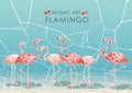 Flock Of Pink Flamingos Illustration Composed Of Mosaic Pieces Isolated On A White Background.