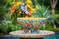 mosaic bird bath in a vibrant garden