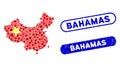 Mosaic China Map Icon with Coronavirus Scratched Bahamas Stamp